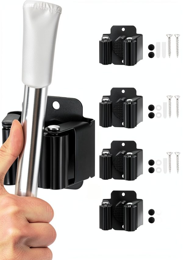 Peel and Stick Mop and Broom Holder CACUINA 4‑Piece Steel Mount-0