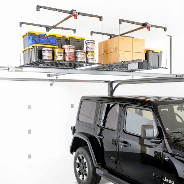 Overhead Garage Storage Rack for 8-10ft Ceiling, Heavy-duty 4x4 FT Garage Ceiling Storage Racks with Safety Lock, Ideal for Storage Mounted Lift System and Storage Organizer, 250lbs Capacity-5