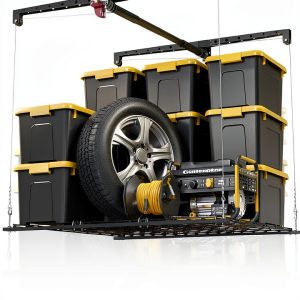 Overhead Garage Storage Rack for 8-10ft Ceiling, Heavy-duty 4x4 FT Garage Ceiling Storage Racks with Safety Lock, Ideal for Storage Mounted Lift System and Storage Organizer, 250lbs Capacity-0