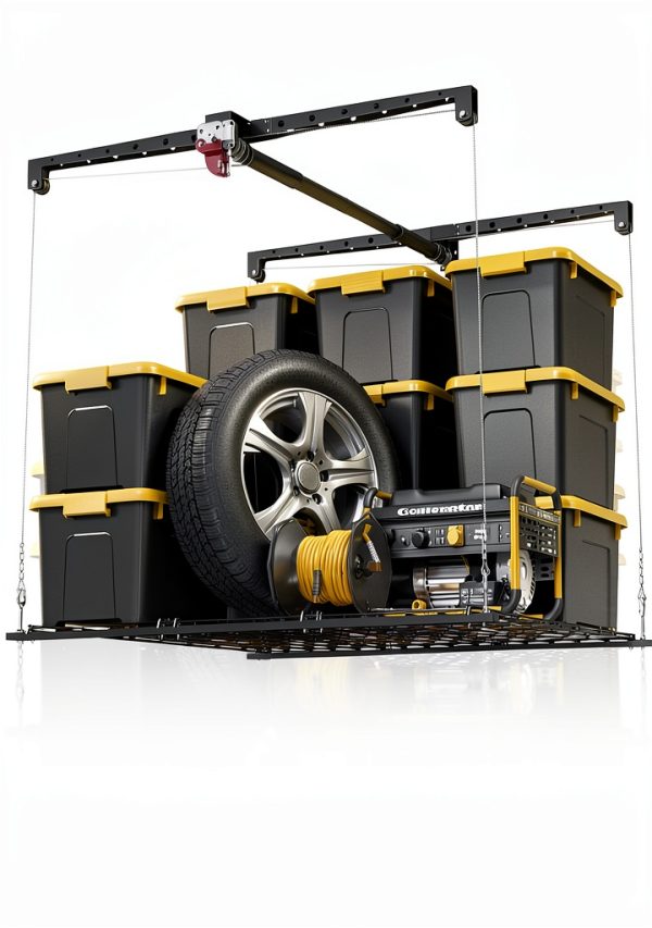 Overhead Garage Storage Rack for 8-10ft Ceiling, Heavy-duty 4x4 FT Garage Ceiling Storage Racks with Safety Lock, Ideal for Storage Mounted Lift System and Storage Organizer, 250lbs Capacity-0