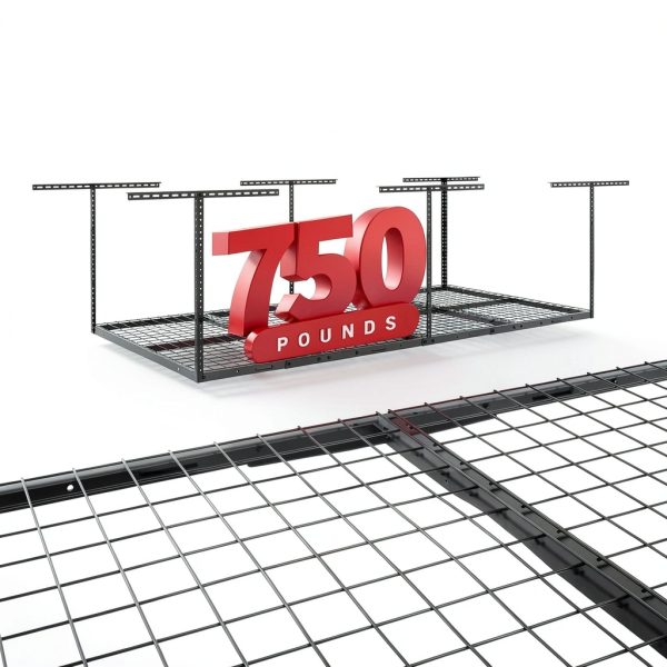 FLEXIMOUNTS 4x8 Overhead Garage Storage Rack w/Hooks Adjustable Ceiling Storage Rack, 96" Length x 48" Width x 40" Height, 22''-40" Ceiling Dropdown, Black, Classic Series-5