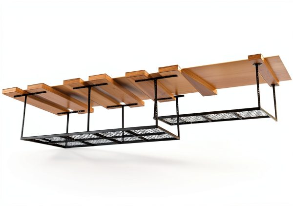 FLEXIMOUNTS 4x8 Overhead Garage Storage Rack w/Hooks Adjustable Ceiling Storage Rack, 96" Length x 48" Width x 40" Height, 22''-40" Ceiling Dropdown, Black, Classic Series-3