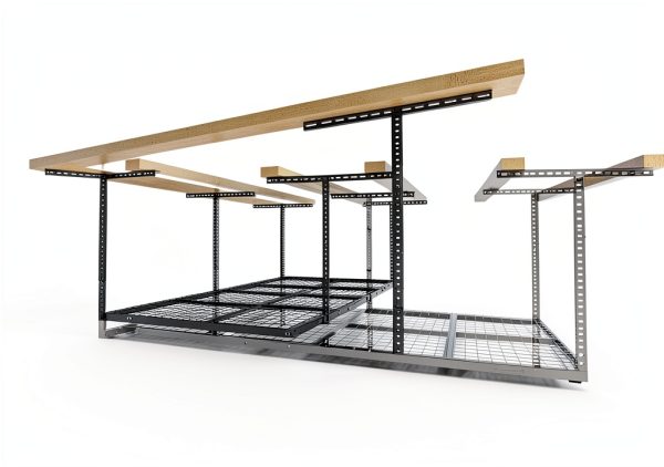 FLEXIMOUNTS 4x8 Overhead Garage Storage Rack w/Hooks Adjustable Ceiling Storage Rack, 96" Length x 48" Width x 40" Height, 22''-40" Ceiling Dropdown, Black, Classic Series-2