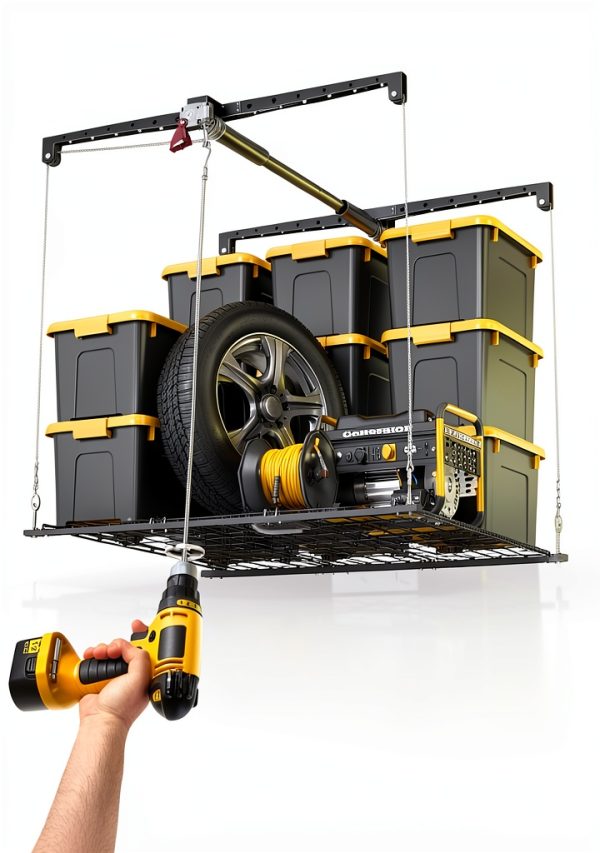 Overhead Garage Storage Rack for 8-10ft Ceiling, Heavy-duty 4x4 FT Garage Ceiling Storage Racks with Safety Lock, Ideal for Storage Mounted Lift System and Storage Organizer, 250lbs Capacity-2