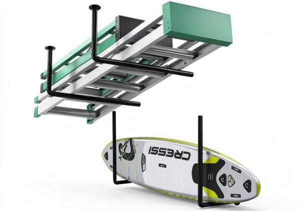 Surfboard Wall Mount or Ceiling Rack, Heavy-Duty Overhead Garage Storage Rack with Sponge Pads, Garage Ceiling Storage Racks for Ladder, Surfboard, Snowboard, Paddle Boards, Holds 100 lbs, Black-0